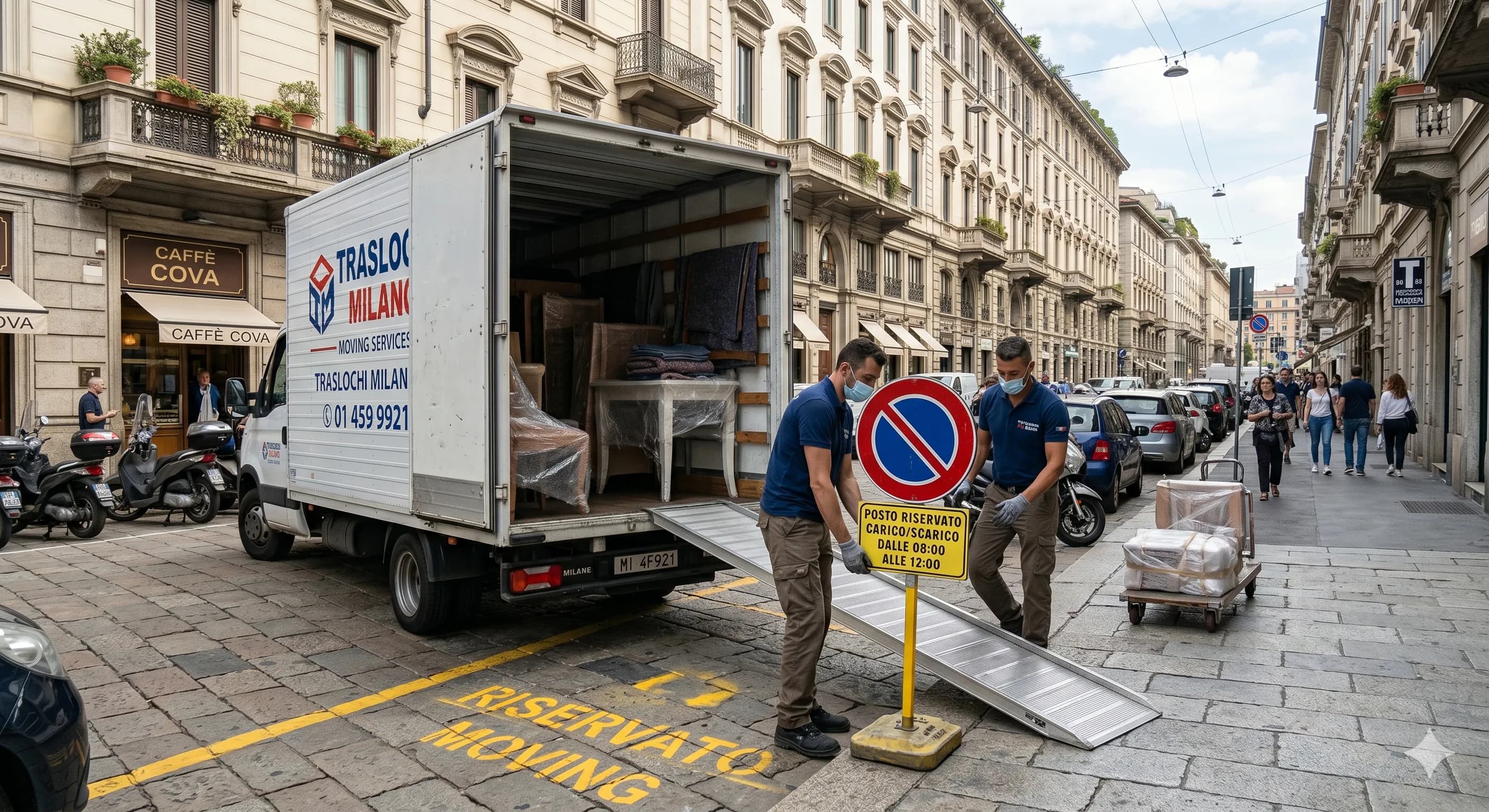Furgone per trasloco in sosta autorizzata in una via di Milano