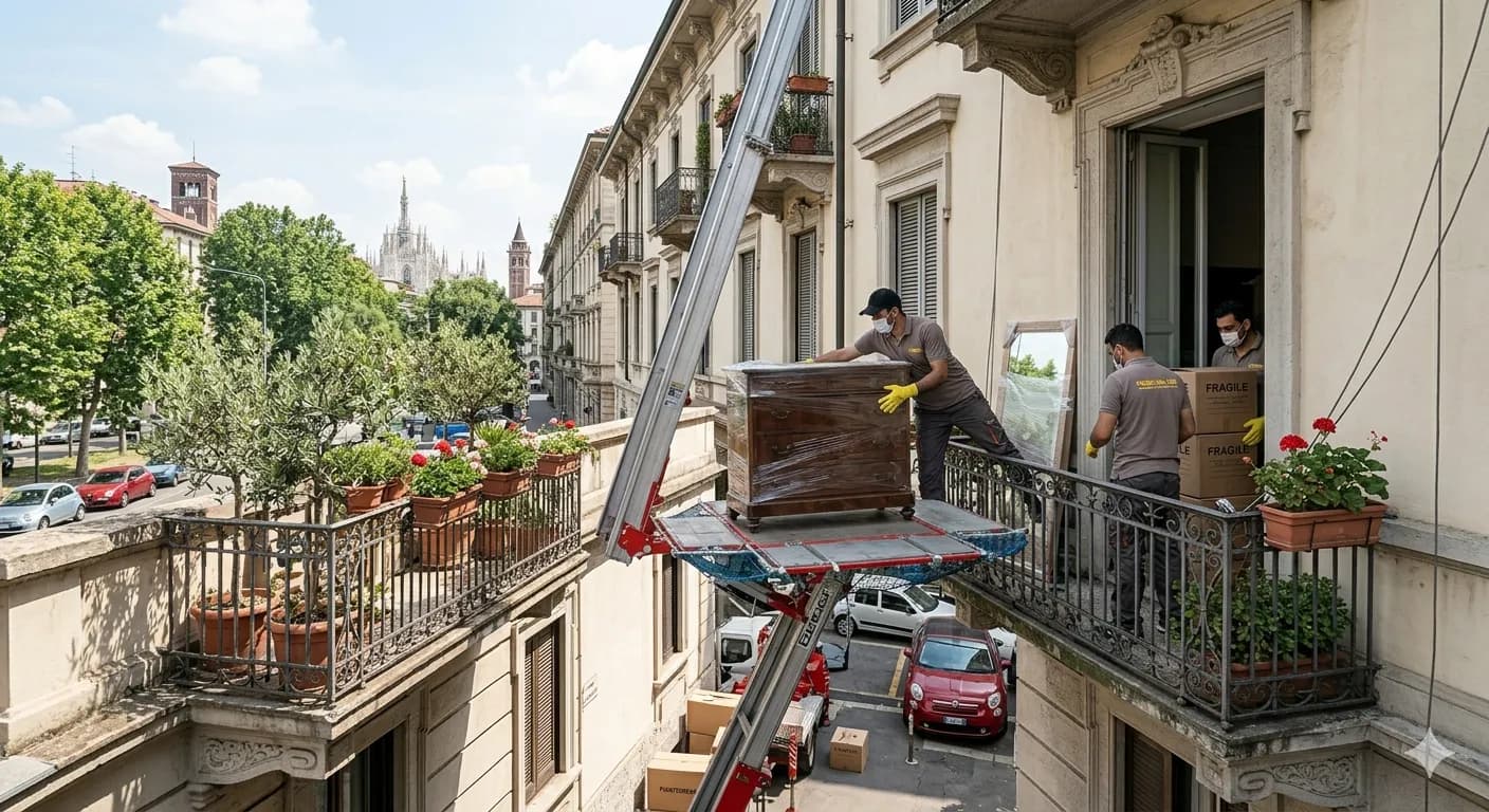 Autoscala per trasloco al lavoro su un palazzo di Milano